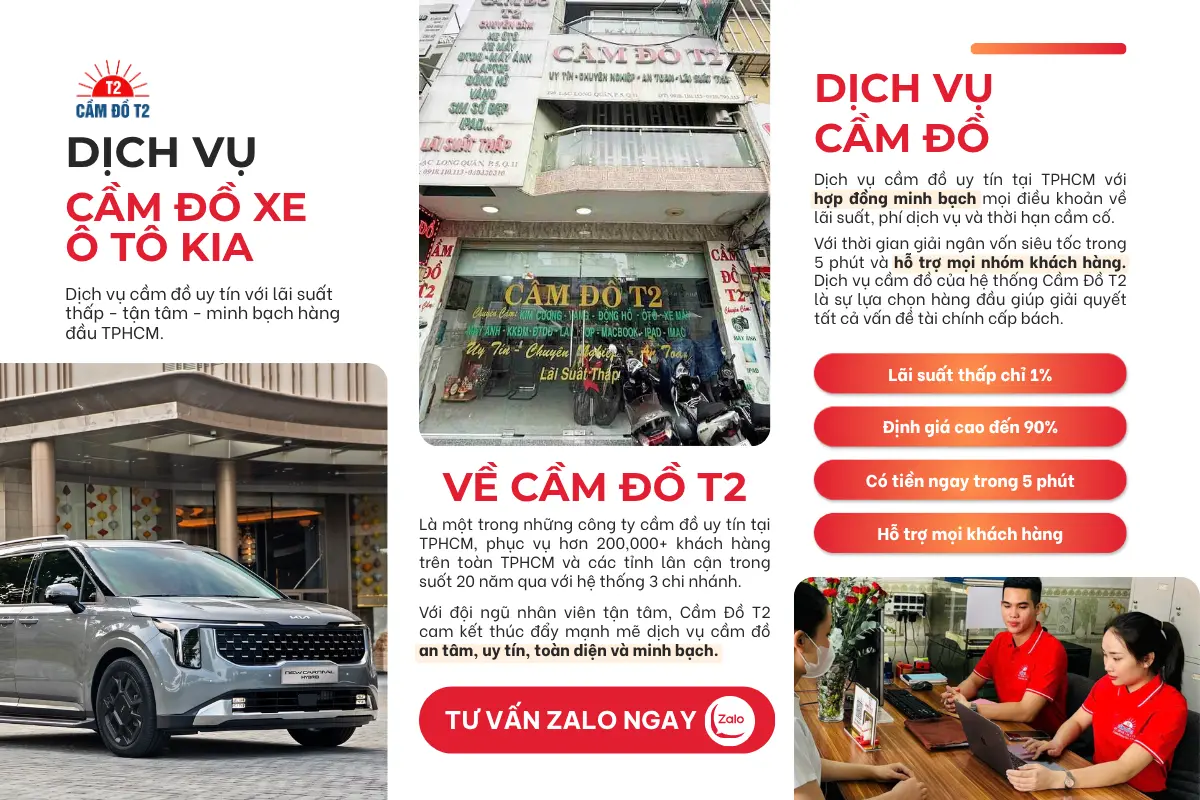 Dịch vụ cầm đồ cầm xe ô tô Kia lãi suất thấp 1%, định giá 90% tại hệ thống Cầm Đồ T2
