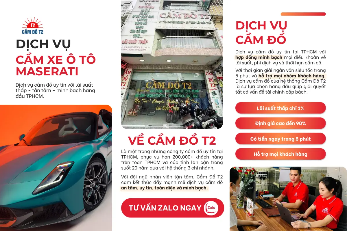 Dịch vụ cầm xe ô tô Maserati lãi suất thấp tại Cầm Đồ T2